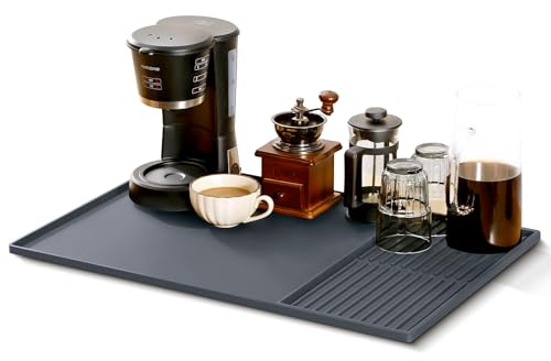 Abtropfmatte Geschirr, 40x60cm Unterlage Kaffeemaschine Matte Silikonmatte mit Abtropfmatte Spüle Trockenmatte Hitzebeständiges Rutschfeste, Silikon Matte Unter Kaffe (Grau)