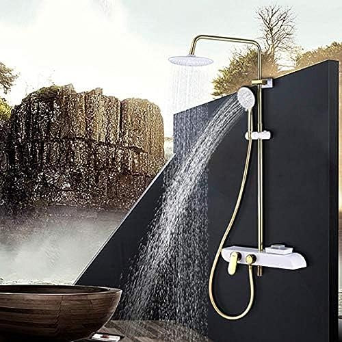 Weiß-Schwarz-Gold-Duscharmaturen-Set, 22,9 Cm Regenduschkopf, 3-Wege-Mischbatterie Aus Messing Mit Regal, Wannenauslauf, Badezimmer-Dusche, Schwarz Und Gold,Weiß Und Gold