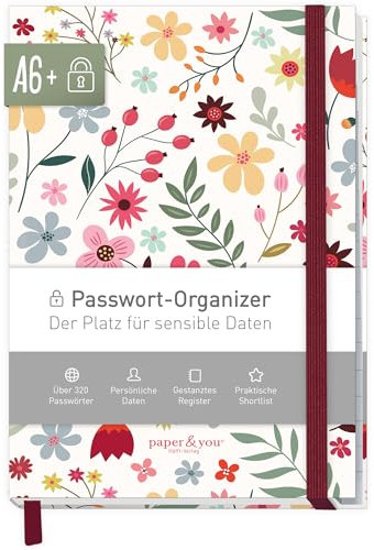 paper&you® Passwortbuch A6+ mit Register A-Z Wild Flower für 320 Zugangsdaten, Passwort-Manager klein, Passwort Buch deutsch - nachhaltig & klimafreundlich