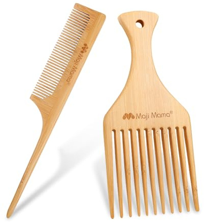 Maji Mama Pic à cheveux afro en bambou naturel à dents fines et larges pour barbe bouclée, cheveux fins et épais, peigne à queue de rat pour taquiner les mèches et post-coiffage pour homme ou femme