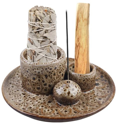 Ciotola per affumicatura 4 in 1, multifunzione Incense Burner Holder, porta bastoncini di incenso in ceramica, supporto Palo Santo con piatto di raccolta cenere, vassoio per meditazione, yoga
