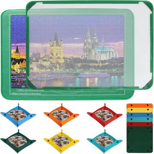 Jigsaw Puzzle Board, 33 x 22 Inches Foldable Jigsaw Board, Puzzle Storage to 1000 Pieces, Puzzle Board with 6 Puzzle Sorting Trays and 1 Clear Dustproof Cover(Green)
