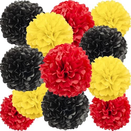 We Moment Zone 12 Stück Papier Pompons Set,Schwarz Gelb Rot Pom Poms Papier für Geburtstagsfeier Party Dekoration