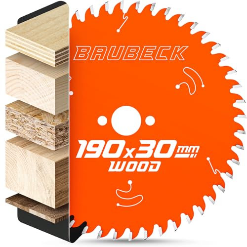 BAUBECK Sägeblatt 190x30 +16/20/25.4mm Reduzierringe, 56Z, 2.6mm Schnitt in Holz mit Handkreissägen, wie Bosch GKS 190, PKS 66 A / 66 AF, Parkside PHKS 66 kompatibel, Kreissägeblatt 190
