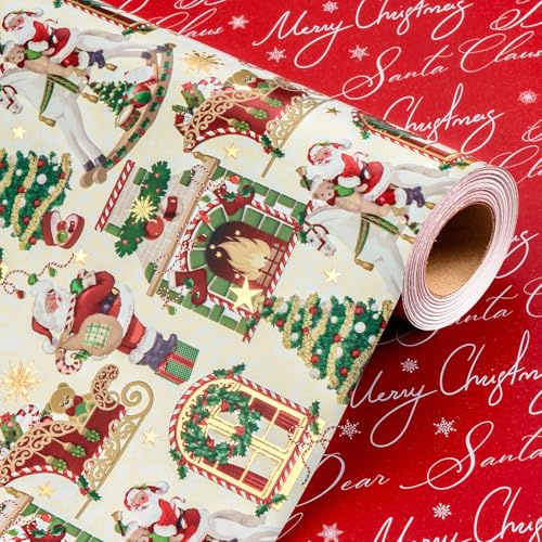 Wikadlik Weihnachts Geschenkpapier Minirolle Beige mit Vintage Kamin, Pferd und Christbaumkugeln für Winter, Feiertage, DIY und festliche Anlässe – 43cm x 10m