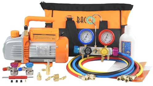 BACOENG 3CFM AC Vacuum Pump and Manifold Gauge Set, 4 Way Manifold Gauge Kit Vacuum Pump for Mini Split/HVAC/AUTO with Heavy Tool Bag Diagnostic R134a R410a R407c