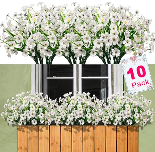 Titifeya 10 Bundles Artificial White Violet Flowers Outdoor UV Resistant Plastic Fake Plants, Artificial Faux Plants for Garden Window Box Hanging Planter Indoor Home Porch Decor