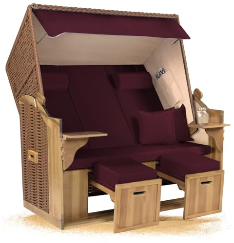 Strandkorb Hanse Ostsee XXL 2,5 Sitzer Volllieger Natur Beige 150cm breit, ideal für Garten, Terrasse und Balkon (Rot Uni, Zerlegt)