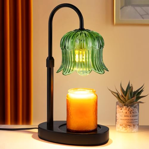 Green Floral Glass Shade Candle Warmer Lamp with Timer 2h4h6h8h Flameless Height Adjustable for Any Candle Dimmer Brightness Control Melts Wax Faster When Brighter Ideal with 2 Bulbs