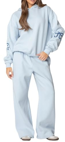 Dam rosett tryck sweatsuits 2 delar set, rosett tryck långärmad 2 delar kläder, överdimensionerad sweatshirt breda ben träningsbyxor, BLÅ, S