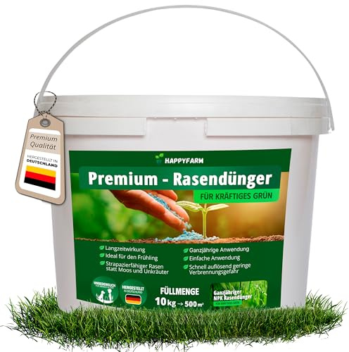 Happyfarm Premium-Rasendünger mit Langzeitwirkung – 10 kg für bis zu 500 m² – Für kräftiges Grün, weniger Moos & Unkraut – Haustierfreundlich – ideal für Frühjahr bis Spätsommer (10 kg)
