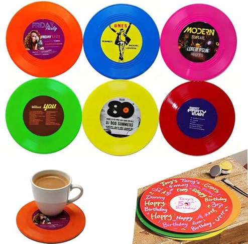 LuxTerra 6 Piezas Posavasos con Forma de Disco de Vinilo, Diámetro 17.5 CM