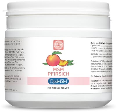 Kala Health OptiMSM Pulver Pfirsichgeschmack – 100% Reines MSM Schwefelpulver – Natürliches Methylsulfonylmethan – Mit Echtem Pfirsicharoma aus Natürlichen Aromen – Ohne Zusätze (250)