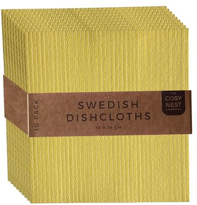 The Cosy Nest Company Swedish Dishcloths 10 Pack Yellow Eco Friendly Reusable Cleaning Cloths for Kitchen & Washing Up – Biodegradable Cellulose Sponge Cloths for Dishes, Counters & Surfaces