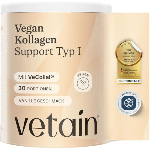 VETAIN Vegan Kollagen Pulver Typ 1 - Mit VeCollal®, Vitamin C, Zink, Biotin & Ginseng - Für Haut, Haare & Nägel - Kölner Liste zertifiziert - Ohne Zuckerzusatz - Vanillegeschmack - 300g