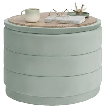 Bonlife Rund ottoman med lock, fällbart fotstöd med bord, fotstöd, fotpall för vardagsrum, sovrum, hall, salviafärgad sammet, 58 x 58 x 44 cm