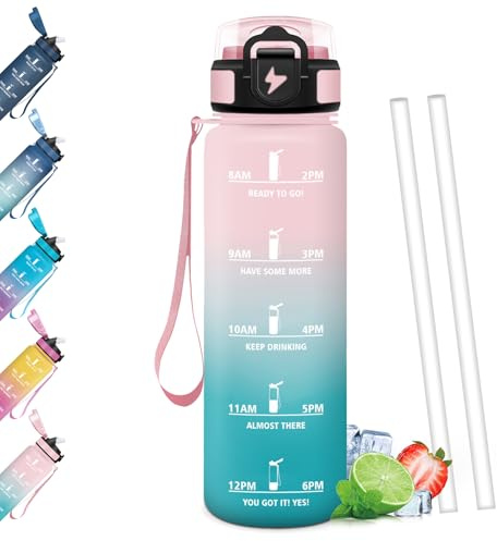 Mulbijeo Gourde 1L, Étanches, Bouteille d'eau, Portable, Gourde Avec Paille, Échelle de Temps et Slogans de Motivation, Bouteille Sport pour Fête, Ecole, Cyclisme, Camping, Sport, Yoga