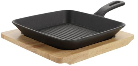 YARNOW Plancha Cuadrada de Hierro Fundido para Huevos Fritos y Panqueques, Sartén de Cocina Bandeja de Madera para Uso en Parrilla Teppanyaki