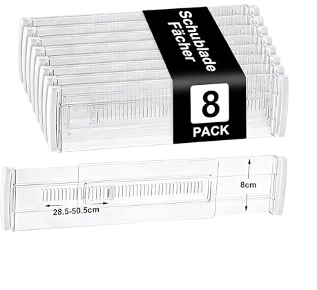 BTCLASSIC Verstellbarer transparenter Schubladentrenner Organizer | 8 Stück, Berstellbar 28,5–50,5cm (Höhe über 8cm), für Küche, Schreibtisch & Kommoden