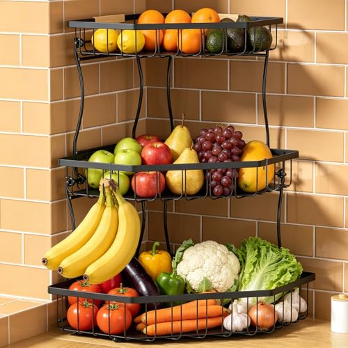 3 Tier Fruit Basket for Kitchen Counter with 2 Banana Hangers for Corner | Detachable Metal Fruit Bowl with Wooden Handle, Large Capacity Fruit Stand for Bread Fruit and Vegetable Storage-Black