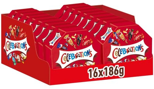 Celebrations Geschenkbox, Mini-Schokoriegel Mix, 16 Packungen, 16 x 186 g | Bunte Mischung beliebter Mini-Schokoriegel mit Maltesers, Galaxy, Snickers und mehr, ideal zum Teilen und als Gastgeschenk