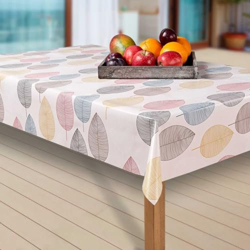 laro Wachstuch-Tischdecke Abwaschbar Garten-Tischdecke Wachstischdecke PVC Plastik-Tischdecken Eckig Meterware Wasserabweisend Abwischbar AP, Muster:Blätter. bunt/weiß, Größe:100-160 cm