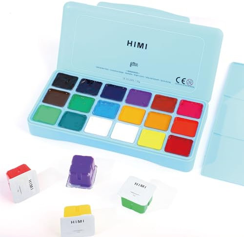 HIMI Gouache Set 18 Colori x 30 ml Kit di Pittura a Guazzo Non Tossici Unico di Tazza di Gelatina Portatile Colori Gouache con Tavolozza per Artisti Studente