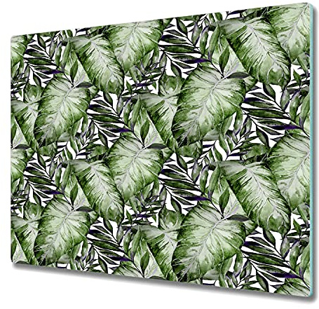 Coloray Glass Chopping Board Splashback for Kitchen 23.6 x 20.5 inch / 60x52cm Tempered Safety Glass Worktop Cutting Board Protection - Tropical Monstera Leaf Prints Green Exotic