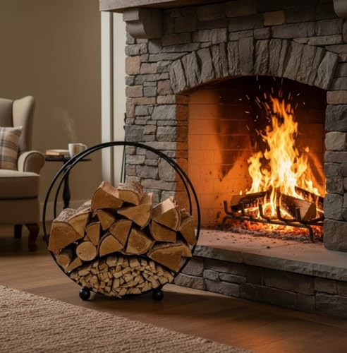 GAP GARDEN PRODUCTS - Solid Steel Circular fireside firewood rack with a Integrated Kindling rack/storage
