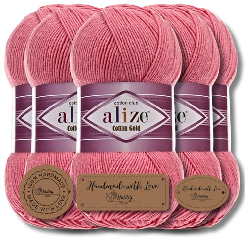 Hobby YARN 3x Etikettenlabel mit Alize Cotton Gold Wolle Premium 5x100g als Set, Yarn, Garn, Sommerwolle, Baumwolle, Strickgarn, Einfarbig, Baby, Kleidung, Schals (Candy Pink - 33)