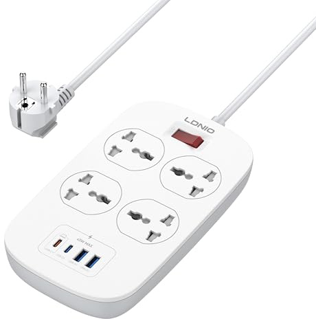 MANTO Mehrfachsteckdose mit USB C 45W PD, 4 Universal Steckdosen, 2×USB-C + 2×USB-A, 2500W Steckdosenleiste mit Überlastschutz, Kindersicherung, 2m Kabel für Büro, Home Office & Zuhause.