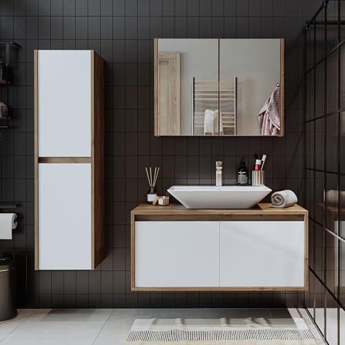 ROOMART • Badmöbel Set • Atlantic • 4 Teilig • 100 cm Unterschrank mit Keramikwaschbecken • Spiegelschrank • Hochscrank (Weiß Eiche)