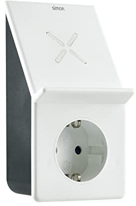 Simon - Adaptador con Enchufe USB A + Carga Inalámbrica Rápida 10W+ 1 Toma 16A (250 V), Cargador USB con Soporte para Smartphone, Tecnología Smart Charge, Color Blanco