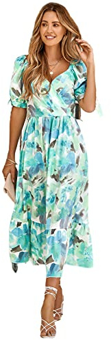 HEYPORK Damen Frühling Sommer Rock Bequem Lässig Kleider Elegant Röcke Frauen V-Ausschnitt Solide Farbe Lotus Blatt Ärmel Lässig Langes Kleid