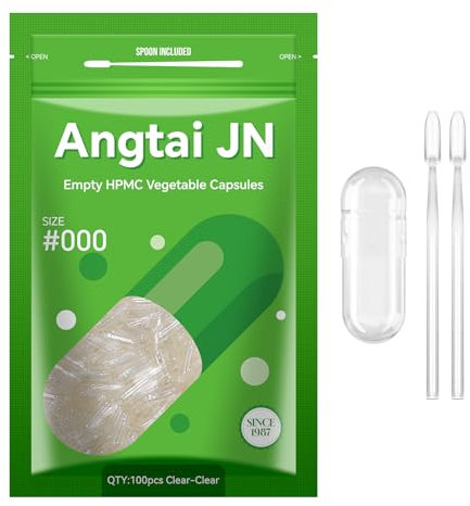 Angtai JN Capsule Vuote Vegetali Taglia 000-Chiavi Capsule Vuote per Riempimento con 2 Micro Cucchiai, Capsule Vuote Fai-Da-Te Compatibili con Dimensioni di Riempimento Capsule 000, 100 unità