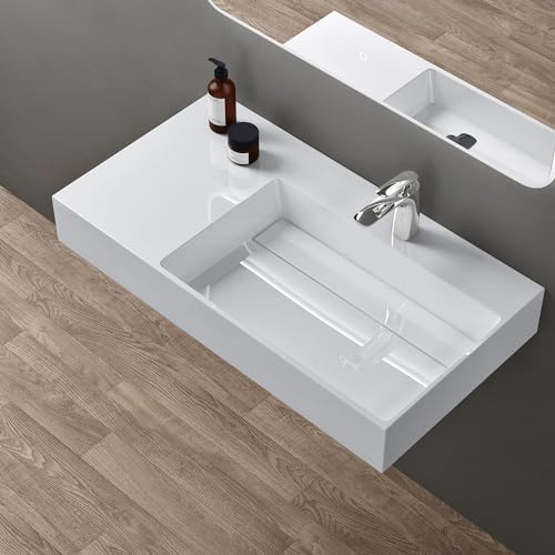 doporro Waschbecken 100x48x13cm mit verstecktem Ablauf weiß eckig | waschtisch aus Mineralguss als Aufsatzwaschbecken & Hängewaschbecken geeignet, robust & leicht zu reinigen,Colossum12-R