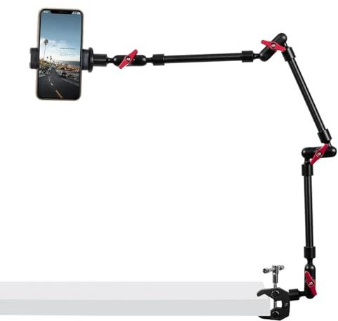 GOINWAVE Adjustable Articulating Magic Arm with Clamp and Phone Holder Clip for Desk Mount, Desk Stand, Cell Phone Tripod