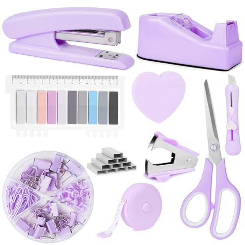 OFFCUP Desk Accessories Set, Office Supplies Kit, Includes Stapler, Tape Dispenser, Staple Remover, Staples, Clips, Scissor, Box Cutter, Tape Measure and Sticky Notes Students, Coworkers (Purple)