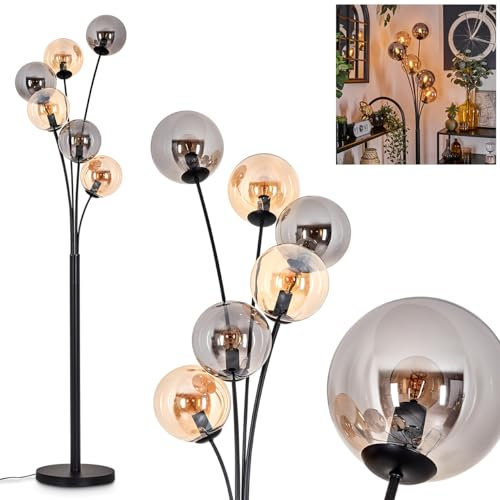 Stehleuchte Gastor, Stehlampe aus Metall/Glas in Schwarz/Rauch-/Bernsteinfarben, Leuchte im Retro/Vintage-Design mit Schirmen aus Glas (Ø 15cm) u. Fußschalter, Höhe 168cm, 6 x E14, ohne Leuchtmittel