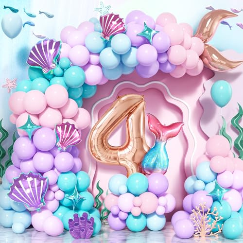 Palloncino Sirena Compleanno 4 Anno, 125 pezzi Pastello Rosa Blu Coda Sirena Ghirlanda Arco Palloncini Lattice Kit Con Stella Palloncino Conchiglia Per Ragazza Tema Sirena Decorazioni Sotto Il Mare