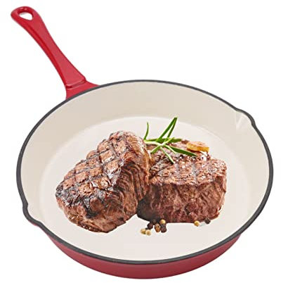 Enameled Cast Iron Skillet,Ergonomic Design Fry Pan with Long Handle,Cream Enamel Coating, 25cm Diameter,Kitchen Frying Skillet for Cooking,Red