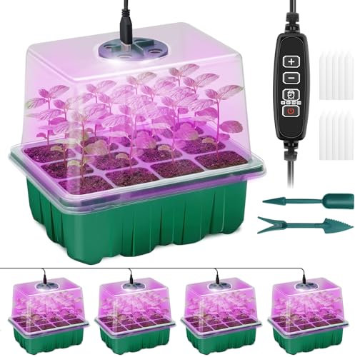 Qoolife Zimmergewächshaus Anzuchtkasten, 4 Stück Mini Gewächshaus Anzucht Set mit erhöhten Deckel, Setzling Starter mit Pflanzenlichter mit vollem