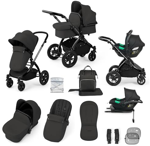 Ickle Bubba Stomp Luxe Kinderwagen & i-Size Cirrus Autositz & ISOFIX Basis - Von Geburt an bis 22kg ca. 4 Jahre*, geländegängig, inkl. Regenschutz, Fußsack, Schürze (Anthrazitgrau)