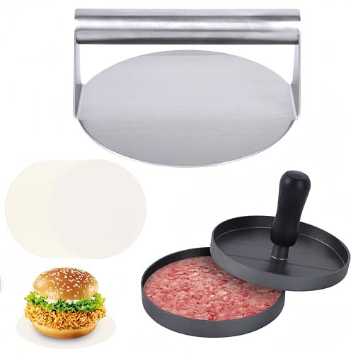 Lot de 200 presse-hamburgers antiadhésifs avec feuilles de papier gratuites pour viande, bœuf, fromage, légumes - Passe au lave-vaisselle (11,9 cm + 16 cm)