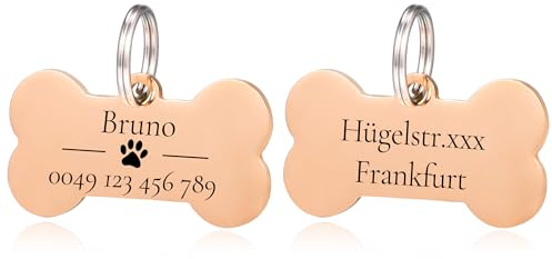 Knochen Hundemarke mit Gravur - Edelstahl Hundemarke mit Name, Telefonnummer - Rosegold Hundemarke personalisiert mit Symbolen Dog Tag Namensschild für Halsband und 2 Schlüsselringe