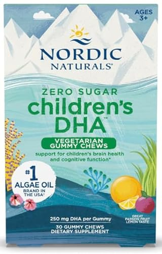 Nordic Zero Sugar Children’s DHA Vegetarian Gummy Chews - Passion Fruit Lemon Flavor - Vegan Algae Oil Omega-3 Supplement for Kids Brain & Cognition Support - 30 Gummies