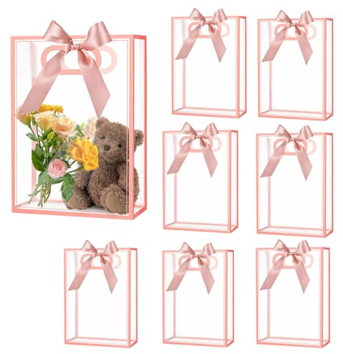 16 Stück klar PVC Geschenk Tasche mit Griffen Band Kunststoff Party Gunst Taschen wiederverwendbare transparente Geschenk-Taschen für Hochzeit Braut Baby Dusche Geburtstag (Rosa, 18 x 26 x 8 cm)