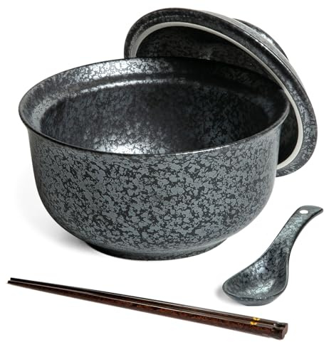 HLWDXno1 Ceramic Ramen Bowl, Japanese Style Retro Ramen Bowls Set 800ml Noodle Bowl with Chopsticks and Spoons, Asian Soup Bowls with Lid for Microwave & Dishwasher Safe, Classic Black