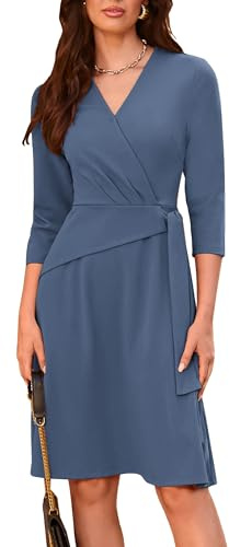 GRACE KARIN Vestido midi para mujer, cuello de pico, manga 3/4, corte trapecio, cremallera en la parte posterior, azul, XXL