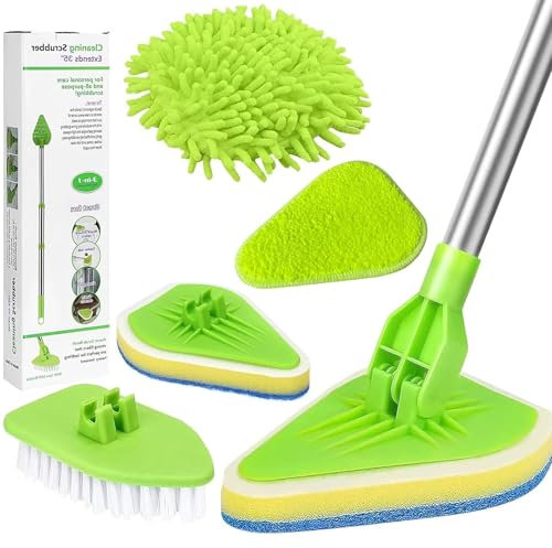 Long Handle Bathroom Tile Scrubber, 4-In-1 Extendable Scrubbing Brush, 90cm Shower Cleaning Brush, 2 Scrubbing Sponge, 1 Stiff Bristle Brush, 1 Microfiber Cleaning Pad, 1 Coral Velvet Mop Head